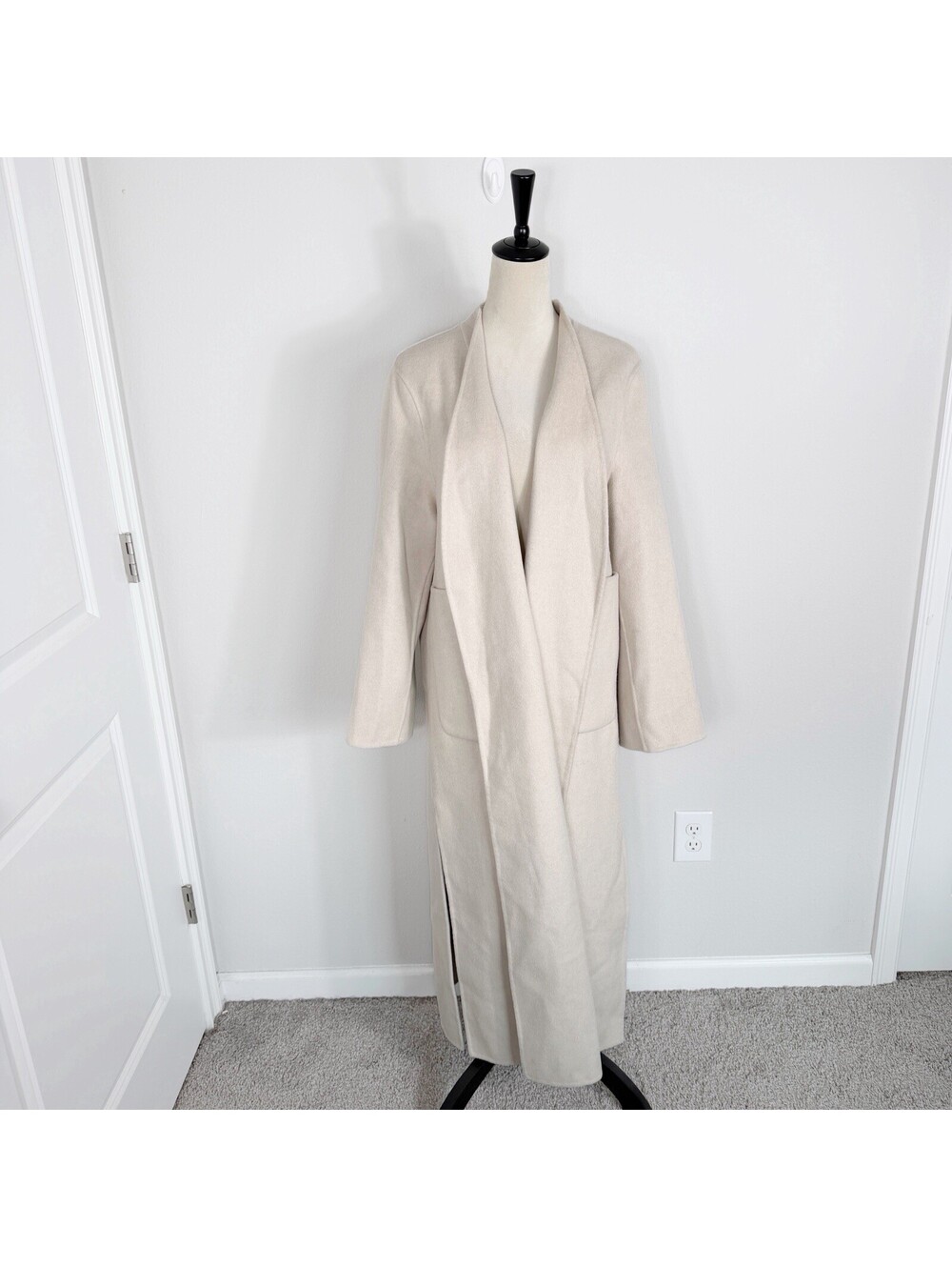 Zara Wool Blend Trench Coat Minimalist Shawl Collar Cream Off White Womens Large